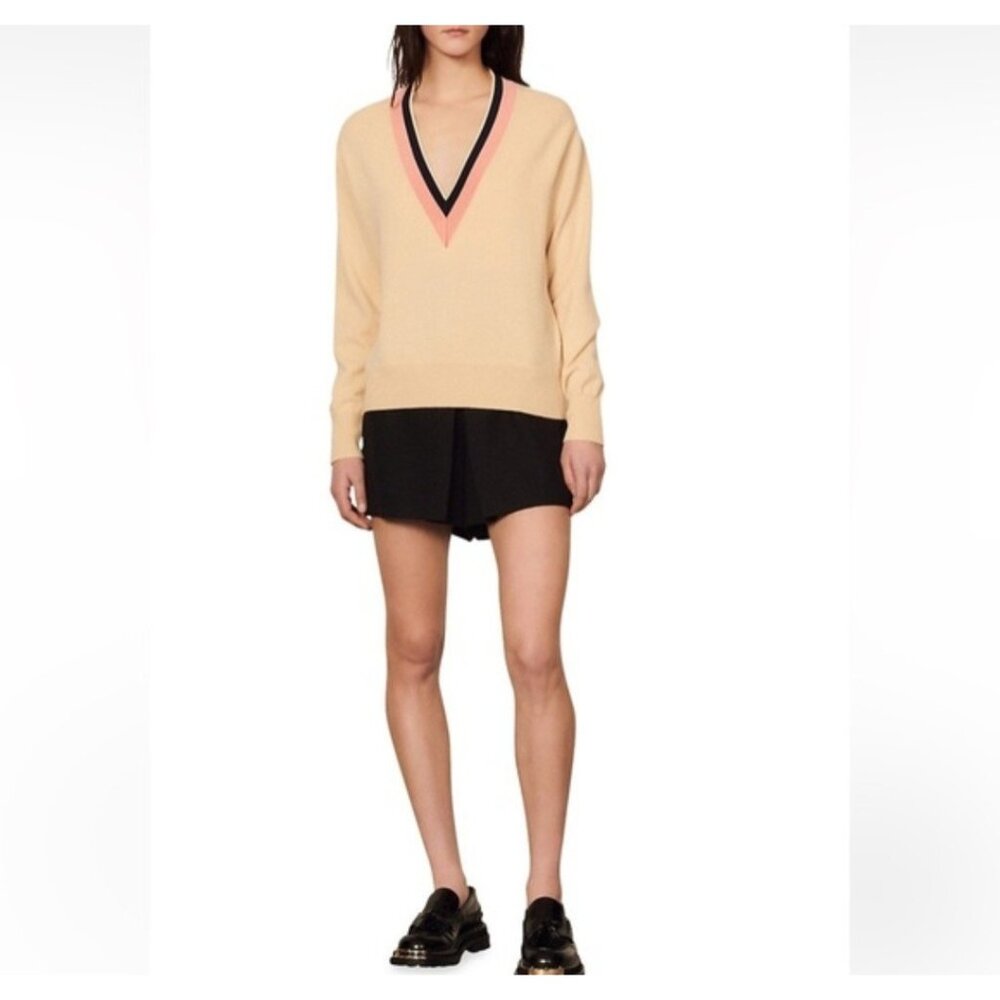Sandro Viken Wool Cashmere V neck trim sweater womens - Picture 5 of 12